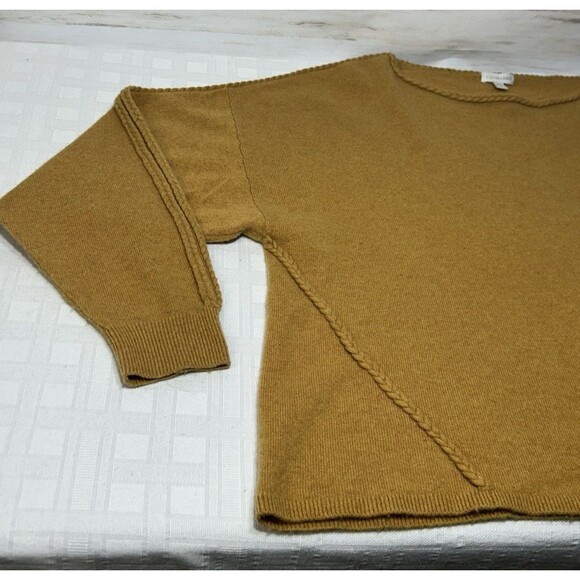 GARNET HILL Size MEDIUM Womens Mustard Yellow BRAIDED Trim 100% Cashmere Sweater - Picture 13 of 16
